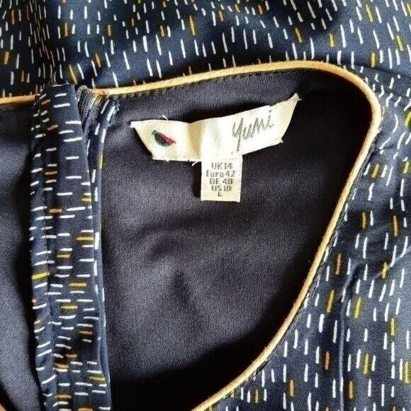 YUMI | Fit & Flare Short Slv Summer Tea Dress Navy Blue Yellow & White Sz 10 L - Picture 14 of 16